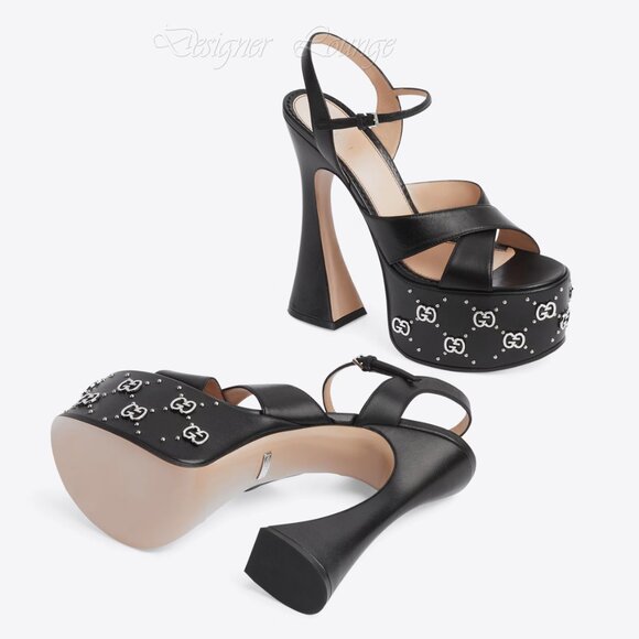 NEW GUCCI Janaya Interlocking G Studs Black Leather Platform Sandals 38.5 US 8.5 - Picture 4 of 15